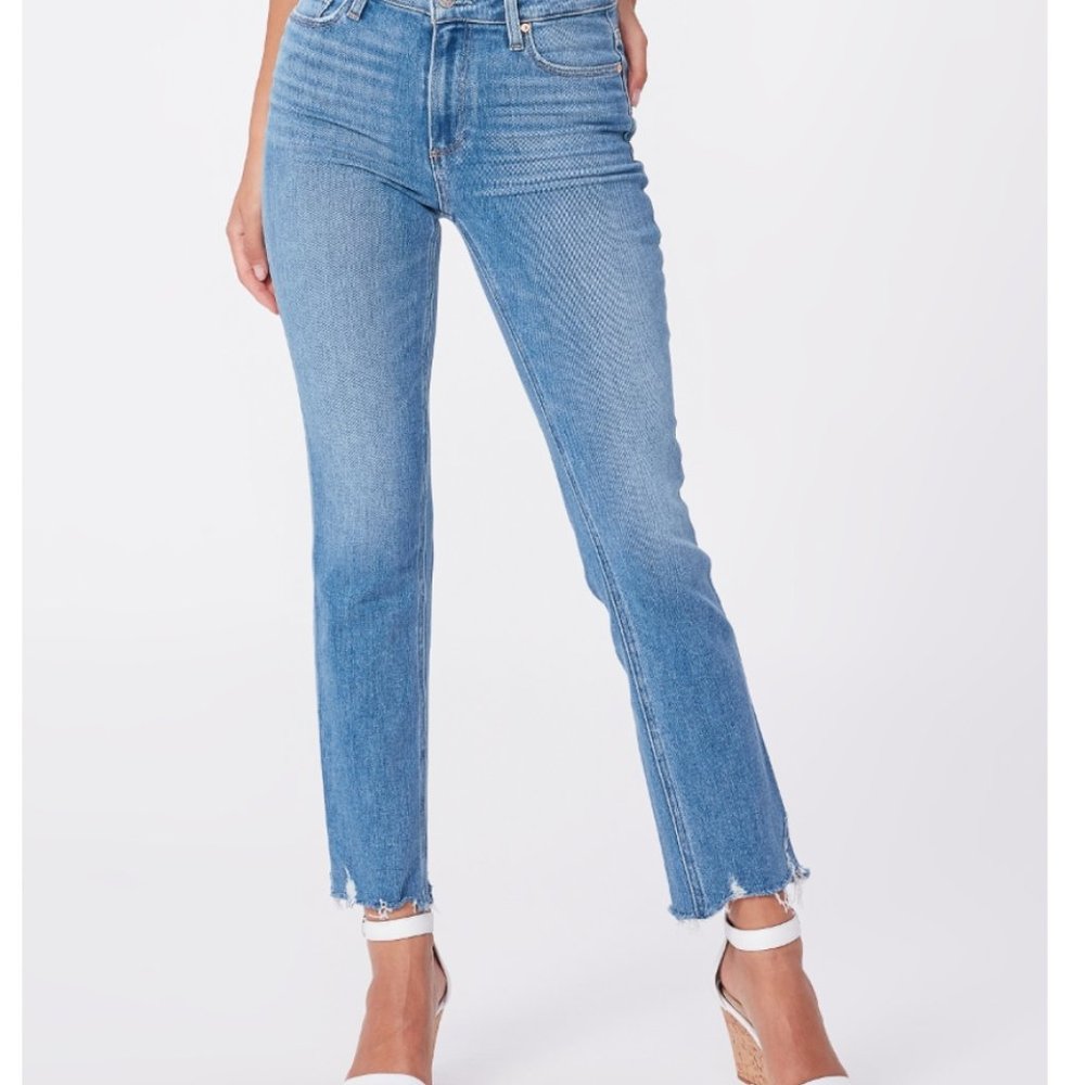 Cindy high waisted destroyed hem straight leg Paige jean 25